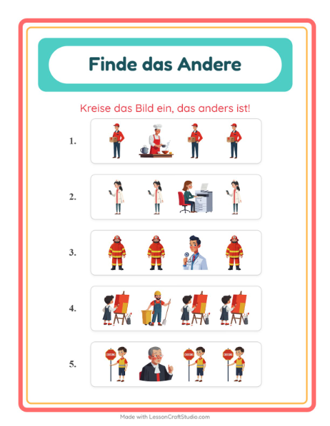 Vorschau: Was passt nicht-Arbeitsblatt mit Berufe für Kindergarten