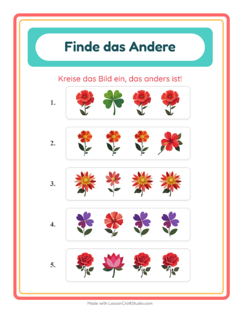 Vorschau: Was passt nicht-Arbeitsblatt mit Blumen für Kindergarten