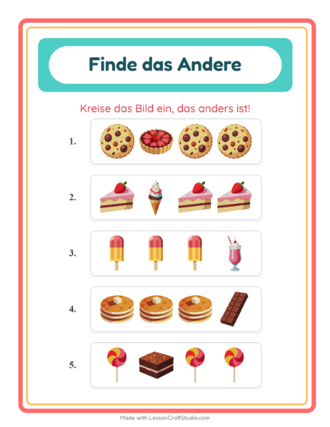 Vorschau: Was passt nicht-Arbeitsblatt mit Desserts und Süßigkeiten für Kindergarten
