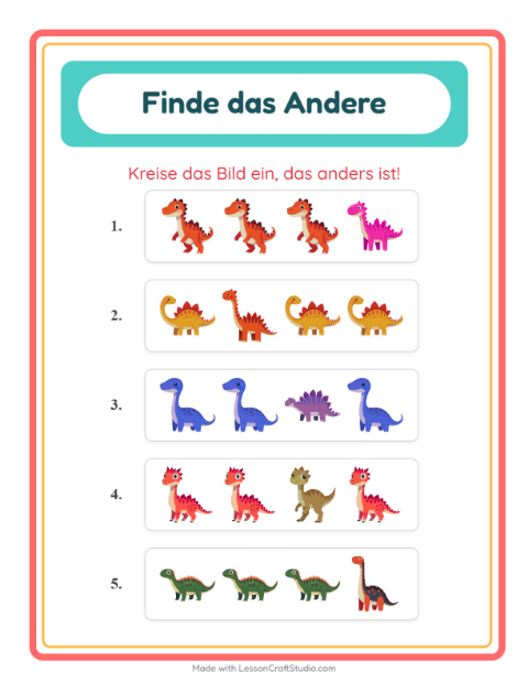 Vorschau: Was passt nicht-Arbeitsblatt mit Dinosaurier für Kindergarten