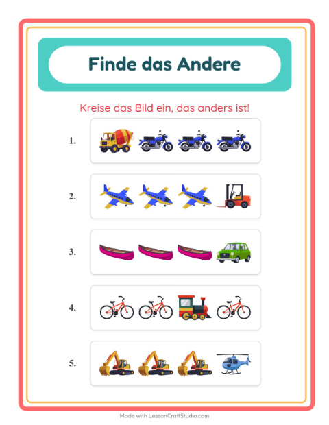 Vorschau: Was passt nicht-Arbeitsblatt mit Fahrzeuge für Kindergarten