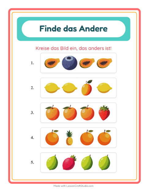 Vorschau: Was passt nicht-Arbeitsblatt mit Früchte für Kindergarten