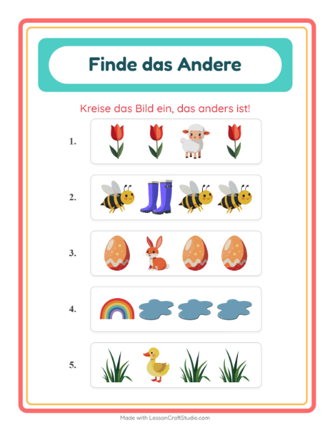 Vorschau: Was passt nicht-Arbeitsblatt mit Frühling für Kindergarten