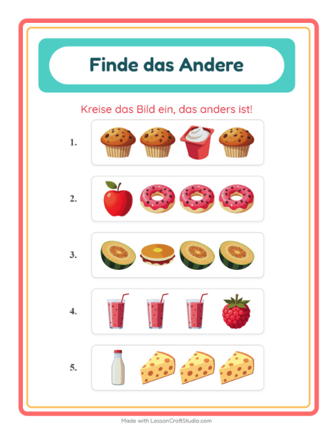 Vorschau: Was passt nicht-Arbeitsblatt mit Frühstück für Kindergarten