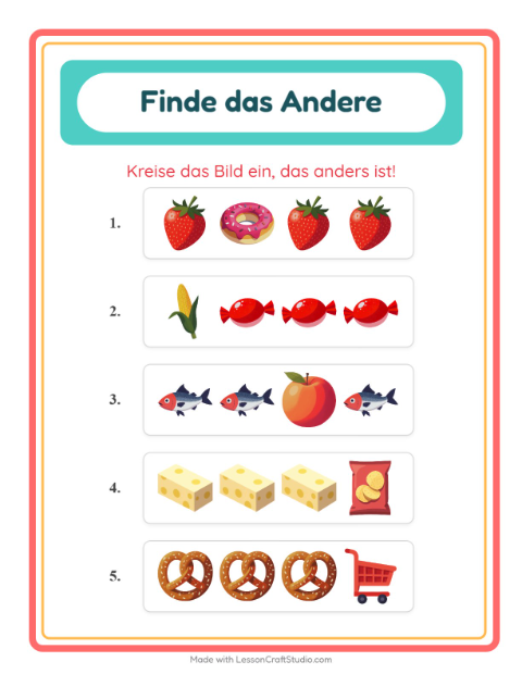 Vorschau: Was passt nicht-Arbeitsblatt mit Im Supermarkt für Kindergarten