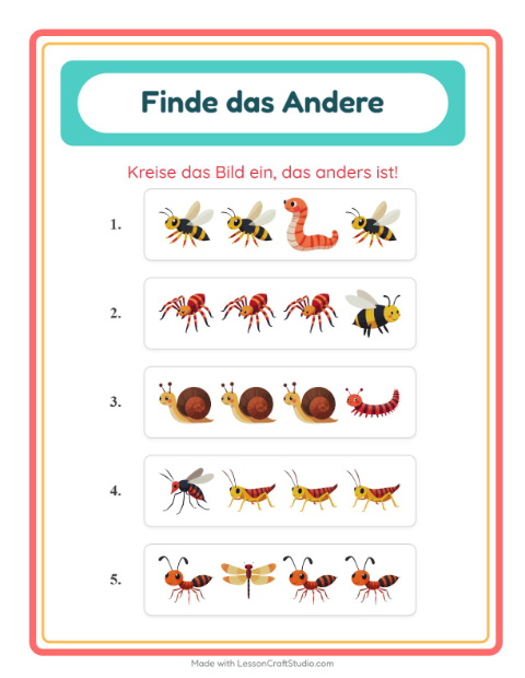 Vorschau: Was passt nicht-Arbeitsblatt mit Insekten und Käfer für Kindergarten