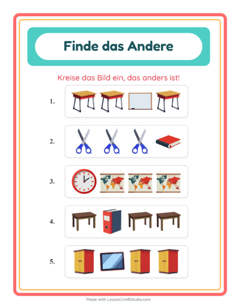 Vorschau: Was passt nicht-Arbeitsblatt mit Klassenzimmer für Kindergarten