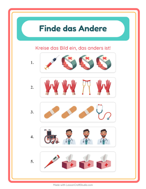 Vorschau: Was passt nicht-Arbeitsblatt mit Krankenhaus für Kindergarten