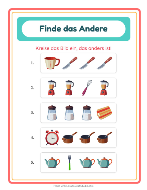 Vorschau: Was passt nicht-Arbeitsblatt mit Küchenwerkzeuge für Kindergarten