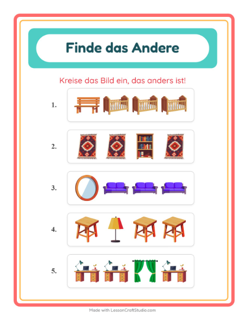 Vorschau: Was passt nicht-Arbeitsblatt mit Möbel für Kindergarten