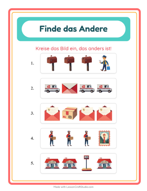 Vorschau: Was passt nicht-Arbeitsblatt mit Postamt für Kindergarten