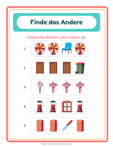 Vorschau: Was passt nicht-Arbeitsblatt mit Rund ums Haus für Kindergarten