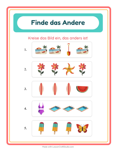 Vorschau: Was passt nicht-Arbeitsblatt mit Sommer für Kindergarten