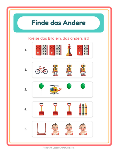 Vorschau: Was passt nicht-Arbeitsblatt mit Spielzeug für Kindergarten