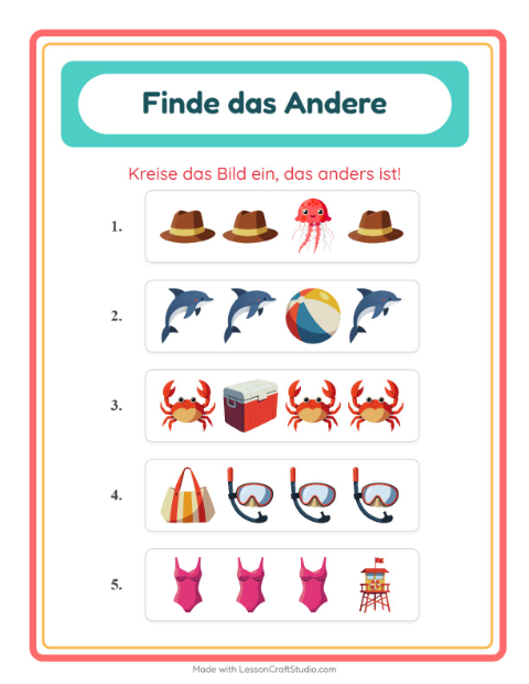 Vorschau: Was passt nicht-Arbeitsblatt mit Strand für Kindergarten