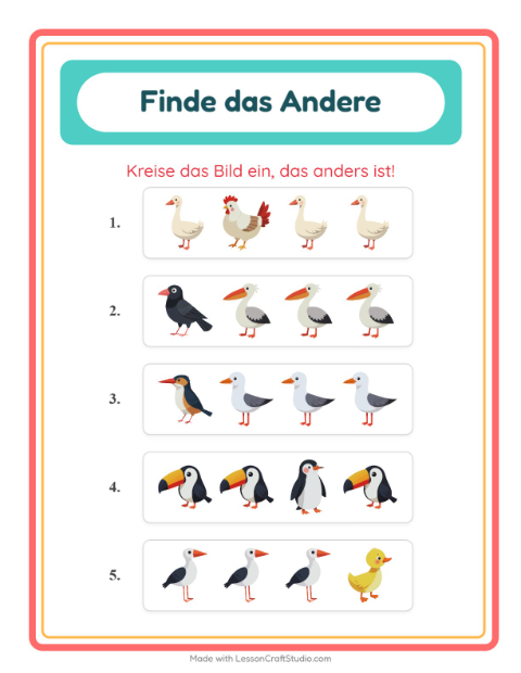 Vorschau: Was passt nicht-Arbeitsblatt mit Vögel 2 für Kindergarten
