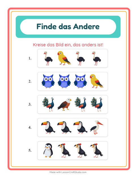 Vorschau: Was passt nicht-Arbeitsblatt mit Vögel für Kindergarten