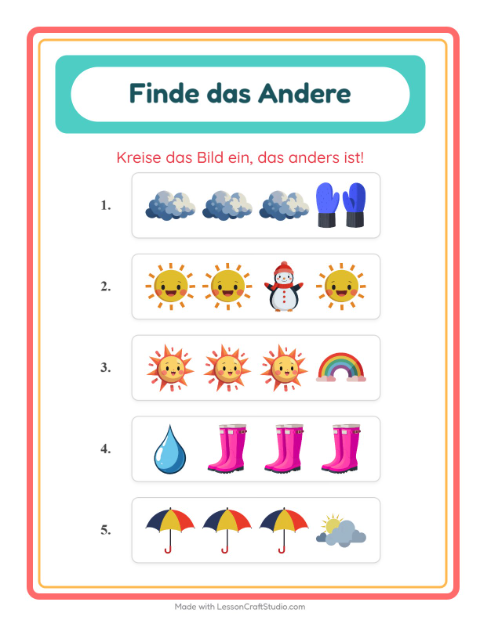 Vorschau: Was passt nicht-Arbeitsblatt mit Wetter für Kindergarten