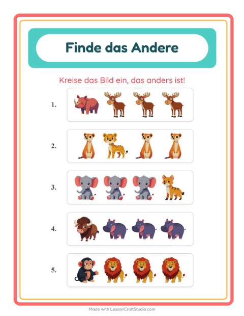 Vorschau: Was passt nicht-Arbeitsblatt mit Zootiere für Kindergarten
