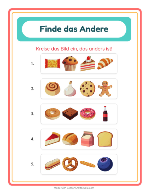 Vorschau: Was passt nicht-Arbeitsblatt mit Bäckerei für Kindergarten
