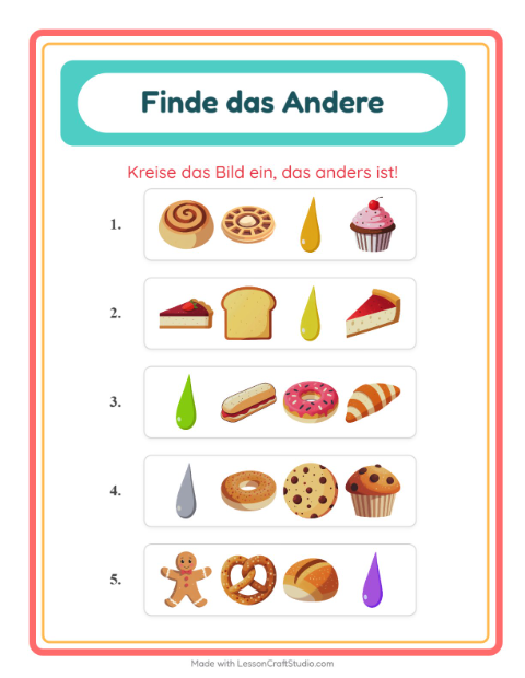 Vorschau: Was passt nicht-Arbeitsblatt mit Bäckerei für Kindergarten