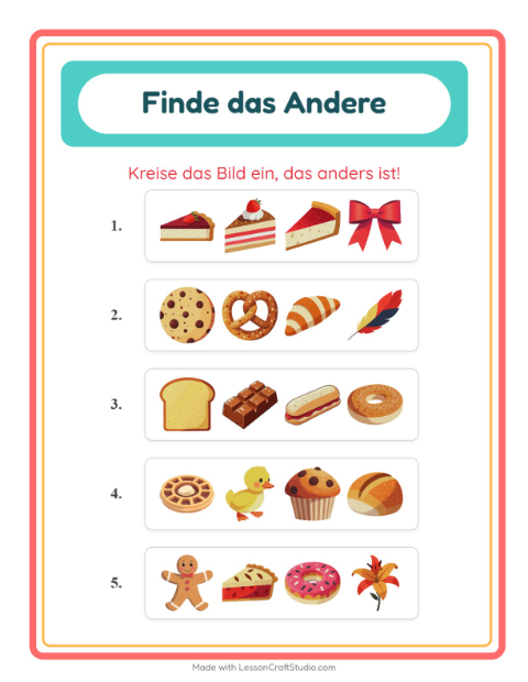 Vorschau: Was passt nicht-Arbeitsblatt mit Bäckerei für Kindergarten
