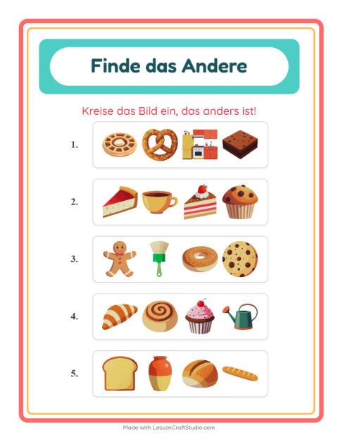 Vorschau: Was passt nicht-Arbeitsblatt mit Bäckerei für Kindergarten