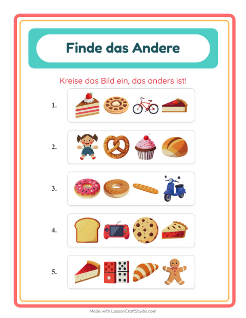 Vorschau: Was passt nicht-Arbeitsblatt mit Bäckerei für Kindergarten