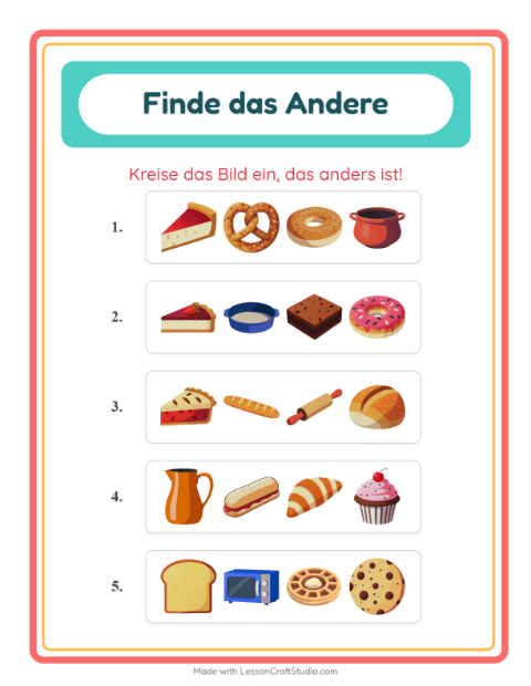 Vorschau: Was passt nicht-Arbeitsblatt mit Bäckerei für Kindergarten