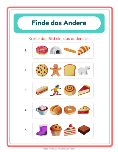 Vorschau: Was passt nicht-Arbeitsblatt mit Bäckerei für Kindergarten