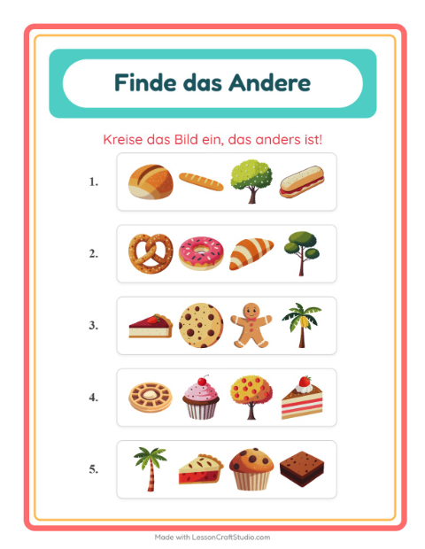 Vorschau: Was passt nicht-Arbeitsblatt mit Bäckerei für Kindergarten