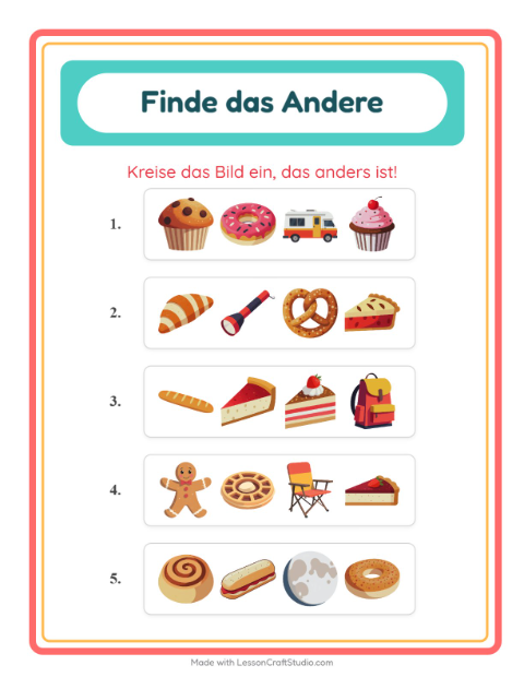 Vorschau: Was passt nicht-Arbeitsblatt mit Bäckerei für Kindergarten