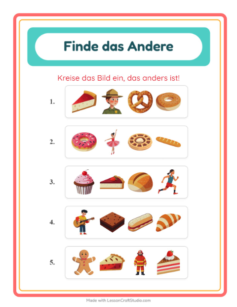Vorschau: Was passt nicht-Arbeitsblatt mit Bäckerei für Kindergarten