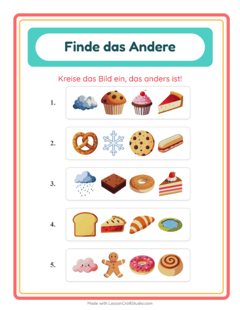Vorschau: Was passt nicht-Arbeitsblatt mit Bäckerei für Kindergarten