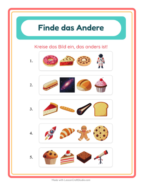 Vorschau: Was passt nicht-Arbeitsblatt mit Bäckerei für Kindergarten