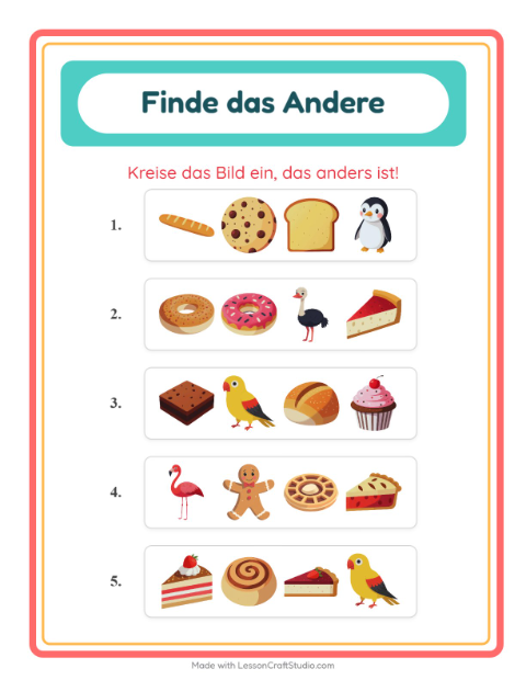 Vorschau: Was passt nicht-Arbeitsblatt mit Bäckerei für Kindergarten