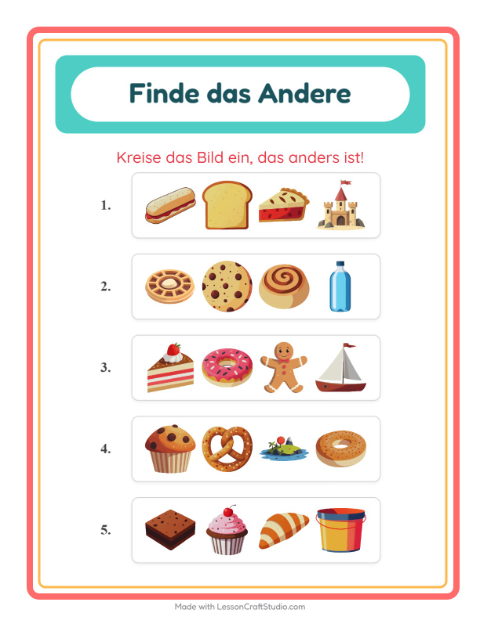 Vorschau: Was passt nicht-Arbeitsblatt mit Bäckerei für Kindergarten
