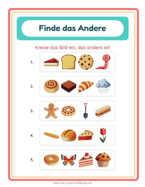 Vorschau: Was passt nicht-Arbeitsblatt mit Bäckerei für Kindergarten