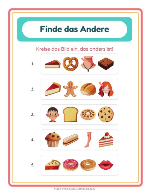 Vorschau: Was passt nicht-Arbeitsblatt mit Bäckerei für Kindergarten