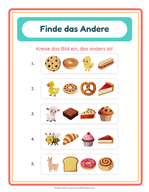 Vorschau: Was passt nicht-Arbeitsblatt mit Bäckerei für Kindergarten