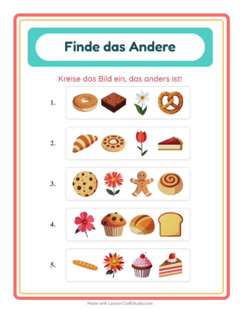 Vorschau: Was passt nicht-Arbeitsblatt mit Bäckerei für Kindergarten