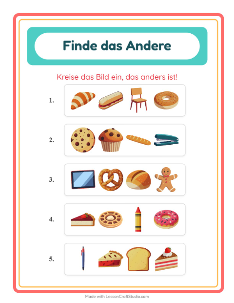 Vorschau: Was passt nicht-Arbeitsblatt mit Bäckerei für Kindergarten