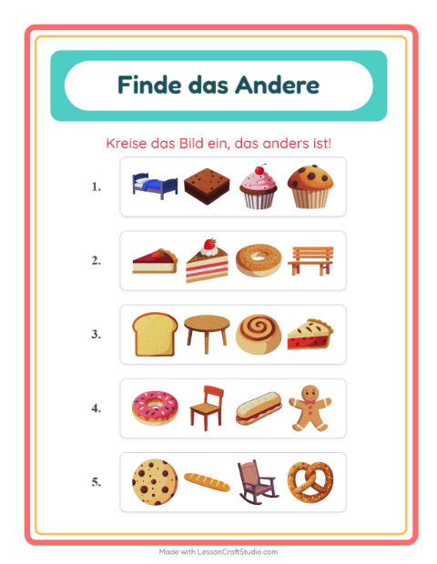 Vorschau: Was passt nicht-Arbeitsblatt mit Bäckerei für Kindergarten
