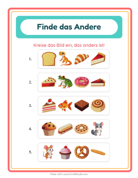 Vorschau: Was passt nicht-Arbeitsblatt mit Bäckerei für Kindergarten