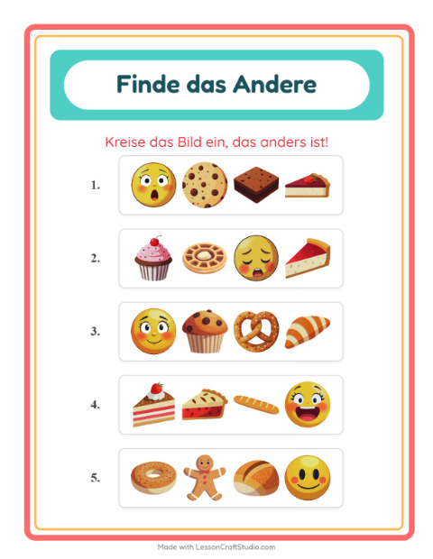 Vorschau: Was passt nicht-Arbeitsblatt mit Bäckerei für Kindergarten