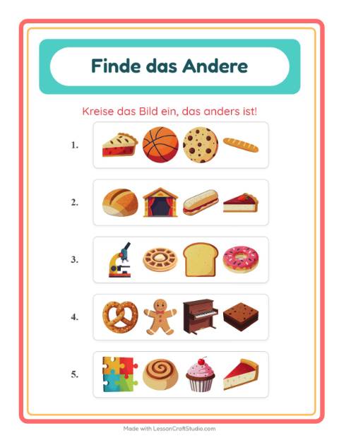 Vorschau: Was passt nicht-Arbeitsblatt mit Bäckerei für Kindergarten