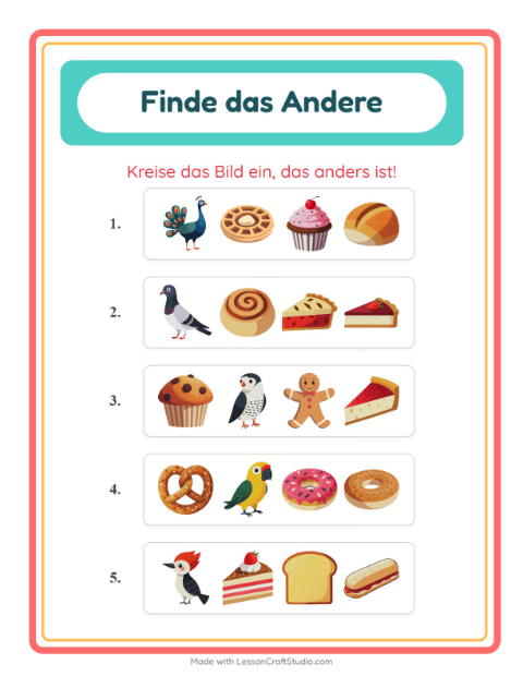 Vorschau: Was passt nicht-Arbeitsblatt mit Bäckerei für Kindergarten