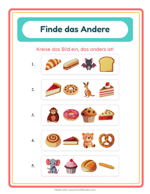 Vorschau: Was passt nicht-Arbeitsblatt mit Bäckerei für Kindergarten