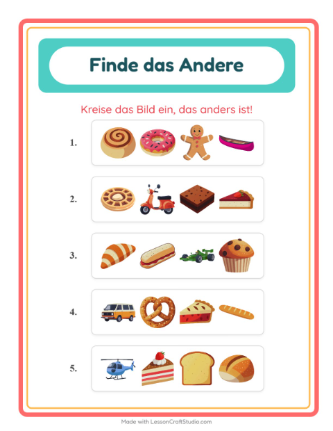 Vorschau: Was passt nicht-Arbeitsblatt mit Bäckerei für Kindergarten