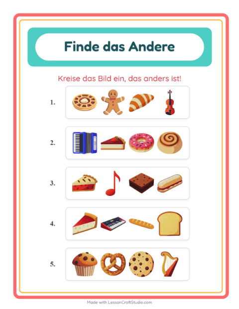 Vorschau: Was passt nicht-Arbeitsblatt mit Bäckerei für Kindergarten